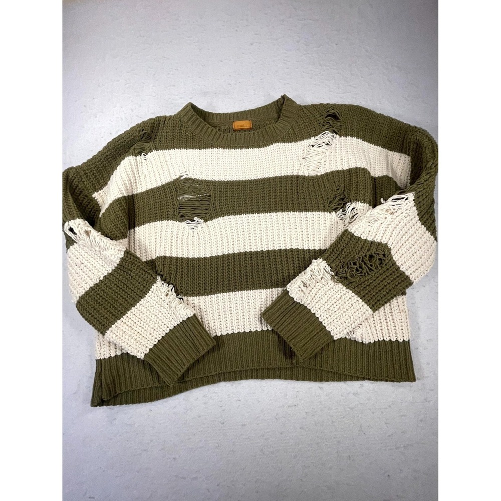 Pol Sweater Womens Green White Striped Distressed Tight Knit Ribbed Warm Wear